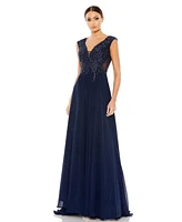 Mac Duggal Women's Appliqued Cap Sleeve Bodice Flowy Gown