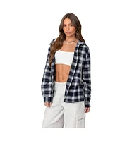 Edikted Women's Plaid Hooded Button Up Shirt