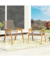 Set Of 2, Acacia Wood Cape Woven Wicker Large Lounge Chair With Pillow For Patio, Deck, Yard, Lawn And Garden Seating, Teak Finish+Natural Wicker+Ligh