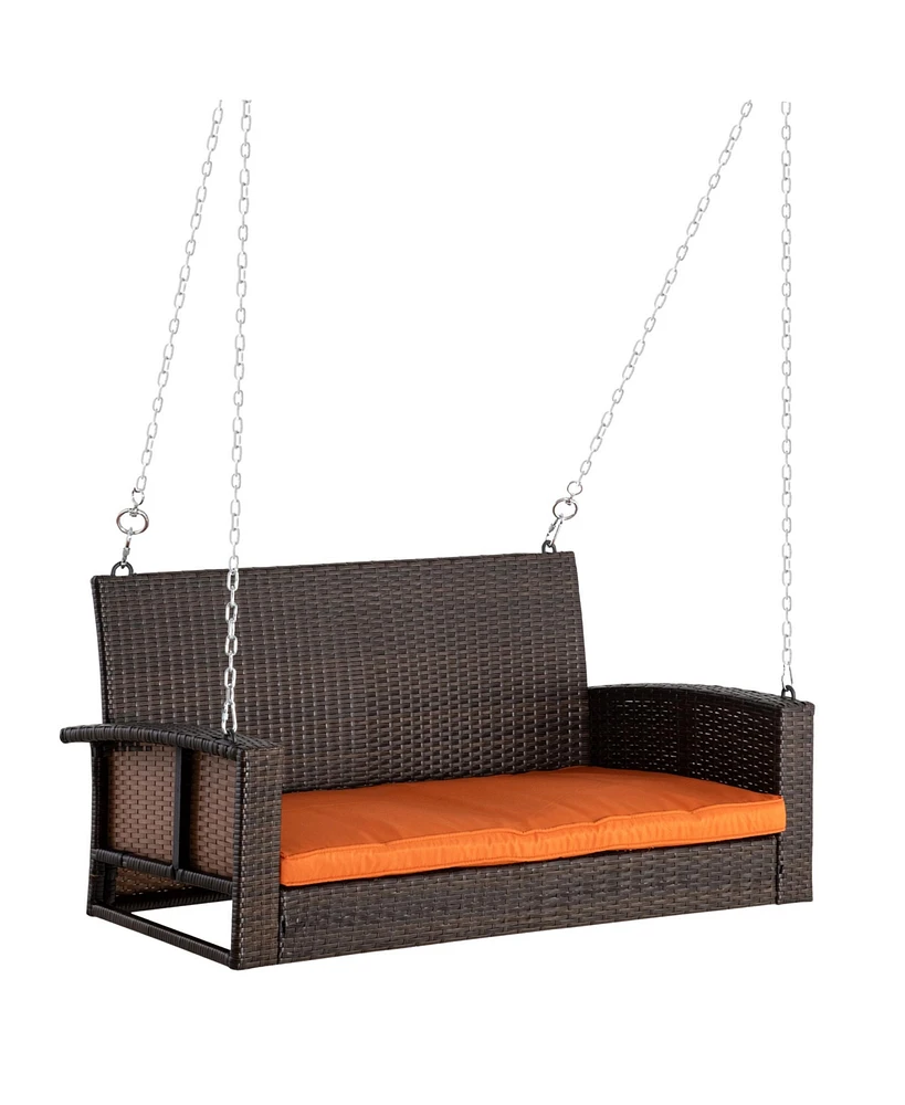 Simplie Fun 2 Person Wicker Hanging Swing Bench, Front Porch Swing Outdoor Chair with Cushions 550 lbs. Weight Capacity for Backyard, Garden, Orange