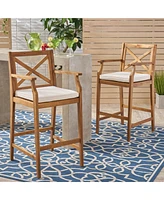 Acacia Wood Outdoor Barstools With Water-Resistant Cushions (Set Of 2)