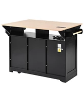 55.7" Large Kitchen Island with 2 Drop Leaf,, Rolling Kitchen Cart on 5 Wheels with Power Outlet, Folding Storage Dining Table with Spice & Towel