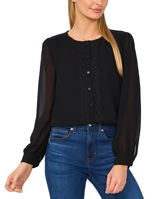 CeCe Women's Lace-Trim Button-Front Long-Sleeve Blouse