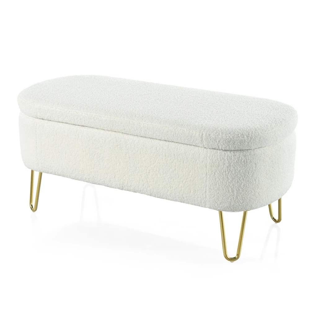 Simplie Fun Oval Storage Bench for Living Room Bedroom End of Bed, Upholstered Storage Ottoman Entryway Bench With Metal Legs, Cream