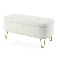 Simplie Fun Oval Storage Bench for Living Room Bedroom End of Bed, Upholstered Storage Ottoman Entryway Bench With Metal Legs, Cream