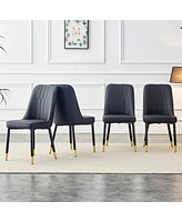 Table and chair set, 1 table with 4 black Pu chairs. White imitation marble pattern desktop. Black Mdf table legs, gold lines, black base.