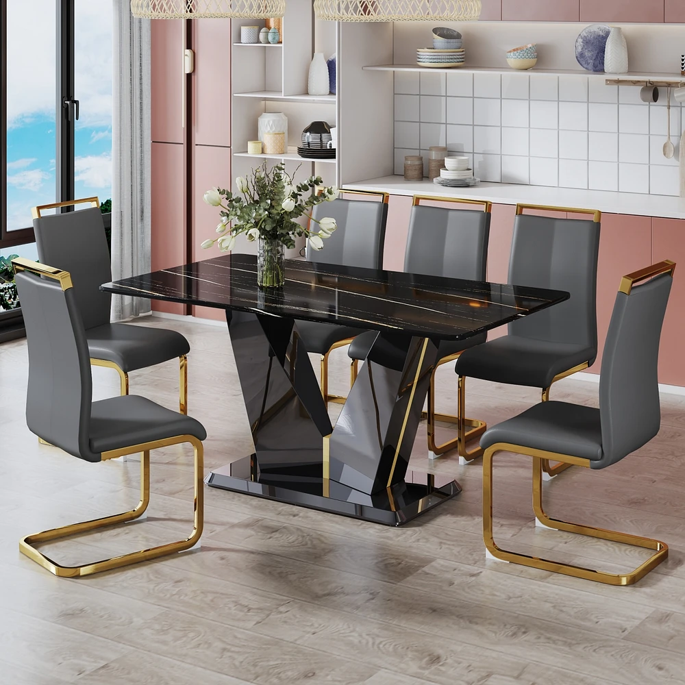 Streamdale Furniture Table and chair set, Modern minimalist rectangular dining table, 0.4 inch thick, with a black imitation marble pattern glass desk