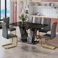 Simplie Fun Table and chair set, Modern minimalist rectangular dining table, 0.4 inch thick, with a black imitation marble pattern glass desktop and b