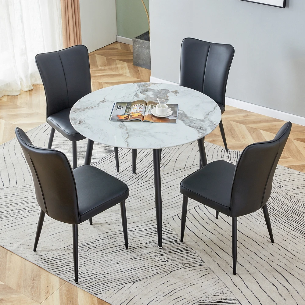 Streamdale Furniture Table and chair set. Large modern white imitation marble patterned round table with black metal legs. Nice minimalism