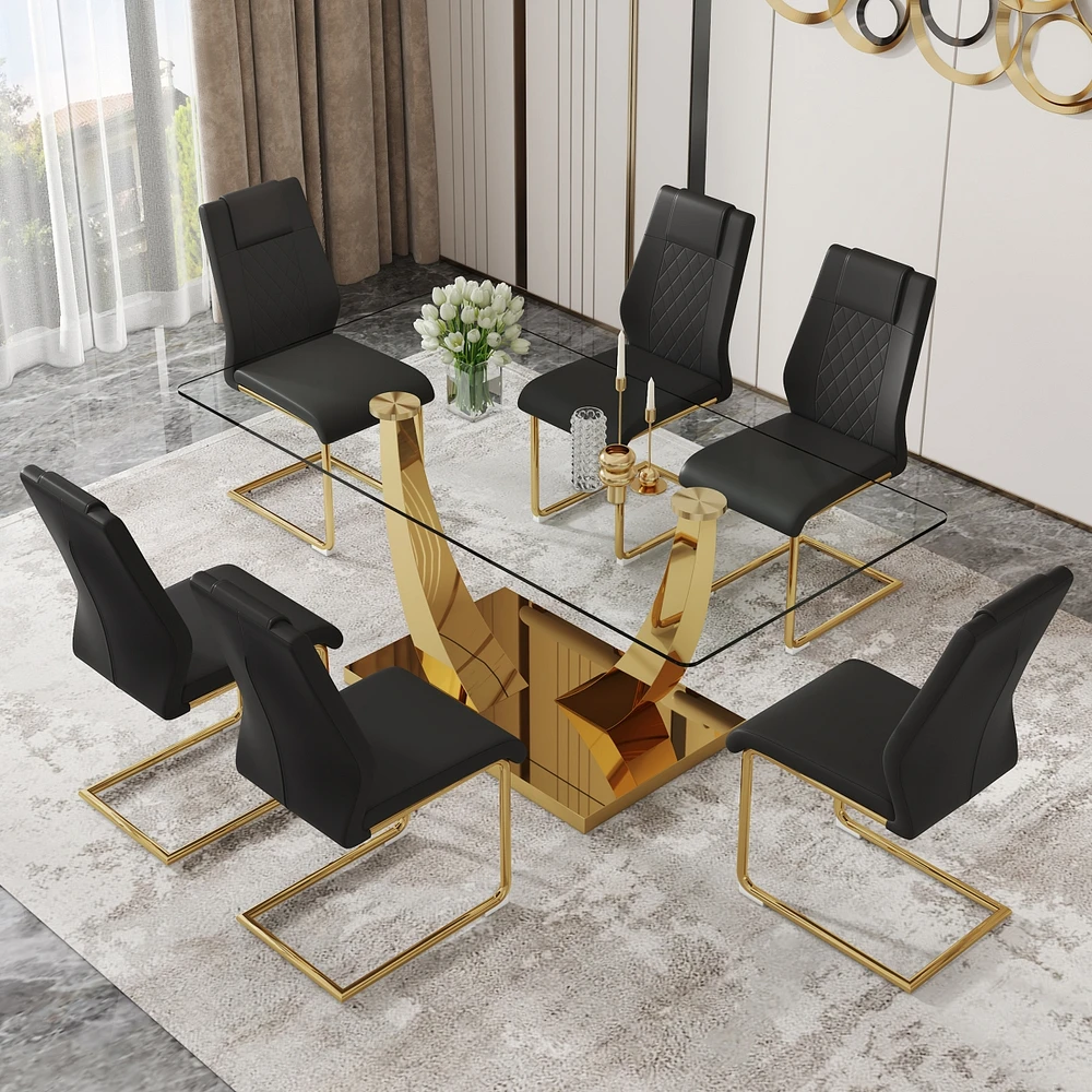 Simplie Fun Table and chair set.Modern rectangular dining table with Transparent tempered glass tabletop and gold plated metal legs.Paired with 6 comf