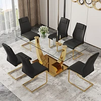 Streamdale Furniture Table and chair set.Modern rectangular dining table with Transparent tempered glass tabletop and gold plated metal legs.Paired wi