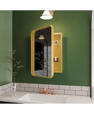16x24 Inch Recessed Metal Framed Medicine Cabinet with Mirror and Adjustable Shelves Wall Mirror with Storage for Bathroom, Matte Gold