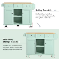 Simplie Fun Kitchen Cart with Rubber wood Drop-Leaf Countertop, Cabinet door internal storage racks, Kitchen Island on 5 Wheels with Storage Cabinet a
