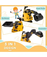 Streamdale Furniture 3 in 1 Ride on Excavator Bulldozer Road Roller, No Power Ride on Construction Pretend Play with Music, for 18-48 Months, Yellow