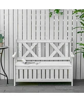 Patio Wooden Bench with Storage Box, 29 Gallon Outdoor Storage Bench, Large Entryway Deck Box w/ Unique X-Shape Back, for Deck, Porch & Balcony, White