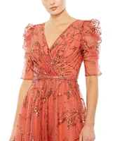 Mac Duggal Women's Embellished Gathered Puff Sleeve Faux Wrap Gown