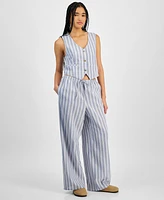 Hippie Rose Juniors' Striped Wide-Leg Drawstring Linen-Blend Pants