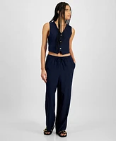 Hippie Rose Juniors' Striped Wide-Leg Drawstring Linen-Blend Pants