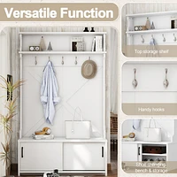 Hall Tree with Top Shelf and Storage Bench, Hallway Shoe Cabinet with Sliding Doors, Coat Rack with 5 Hanging Hooks for Entryways Hallways, White