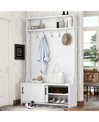Hall Tree with Top Shelf and Storage Bench, Hallway Shoe Cabinet with Sliding Doors, Coat Rack with 5 Hanging Hooks for Entryways Hallways, White