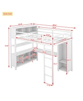 Metal Loft Bed with Wardrobe And L-shaped Desk, Full Size Loft Bed with Storage Cubes and Shelves, Heavy Duty Loft Bed for Kids Teens Adults, White(Pr