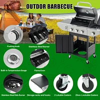 Propane Grill 3 Burner Barbecue Grill Stainless Steel Gas Grill with Side Burner, 37,000 Btu Outdoor Cooking, Patio, Garden Barbecue Grill, Black and