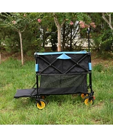 Big large capacity Folding cart Extra Long Extender Wagon Cart Folding Wagon Garden Shopping Beach Cart (black + blue)