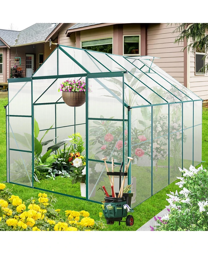 Simplie Fun 8x10FT Double Door Polycarbonate Greenhouse Raised Base and Anchor Aluminum Heavy Duty Walk