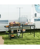 Folding Camp Kitchen Table, Portable Camping Cooking Station with Adjustable Lantern Holder, Hanging Hooks and Carrying Bag for Outdoor Picnic Beach B