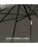 9ft Patio Umbrella with Push Button Tilt and Crank, Ruffled Outdoor Market Table Umbrella with Tassles and 8 Ribs, for Garden, Deck, Pool, Dark Gray