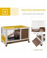Wooden Rabbit Hutch Indoor Outdoor, Elevated Bunny Cage with No Leak Tray Enclosed Run with Wheels, Ideal for Guinea Pigs and Small Animals, Brown