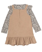 Rare Editions Little Girls Corduroy Jumper with Cheetah Print Tee and Hair Tie, 3-Piece Set
