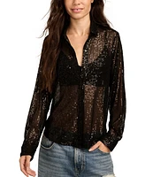 Lucky Brand Women's Sequin Mesh Button-Front Shirt