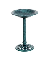 28'' Bird Bath Outdoor Resin Decor with Fleur De Lis Pattern, Time-Worn Finish