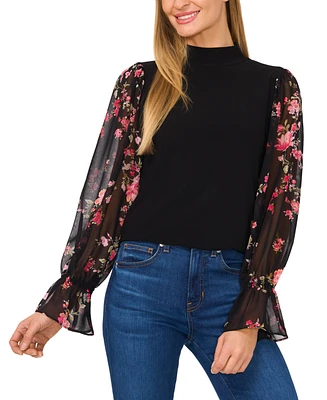 CeCe Women's Mock Neck Mixed-Media Floral Long-Sleeve Top