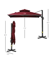 Simplie Fun 10ft Offset Patio Umbrella, Hanging Cantilever Umbrella, Square Shape, Aluminum Cross Base, Tilt, 360-Degree Rotation, Red