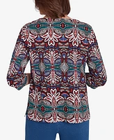 Alfred Dunner Petite Key Items Abstract Leaf Print Three Quarter Sleeve Top