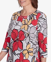 Alfred Dunner Petite Key Items Bold Floral Print Three Quarter Sleeve Tee