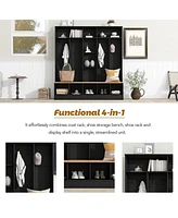 Wide Design Hall Tree with Storage Bench, Minimalist Shoe Cabinet with Cube Storage & Shelves, Multifunctional Coat Rack with 8 Hooks for Entryways, M