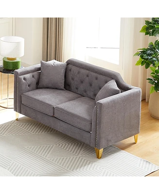 61.5" Mid-century design modern sofa, Chenille Pull Buckle Design Sofa for Living Room, Buttons Tufted With Copper Nail Decoration Armrest, with