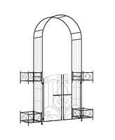 Simplie Fun 7' Garden Arch Arbor, Metal Arch Trellis with Gate, Garden Archway for Climbing Vines, Wedding Ceremony Decoration, Black