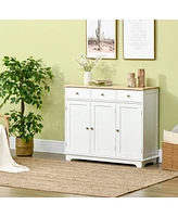 Sideboard with Solid Wood Countertop, Modern Kitchen Storage Cabinet, Coffee Bar Cabinet with 3 Drawers, Doors and Adjustable Shelf, White