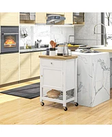 Utility Kitchen Cart, Rolling Kitchen Island with Smooth Rubberwood Top, Narrow Butcher Block Surface on Wheels with Storage Drawer & Cabinet, White