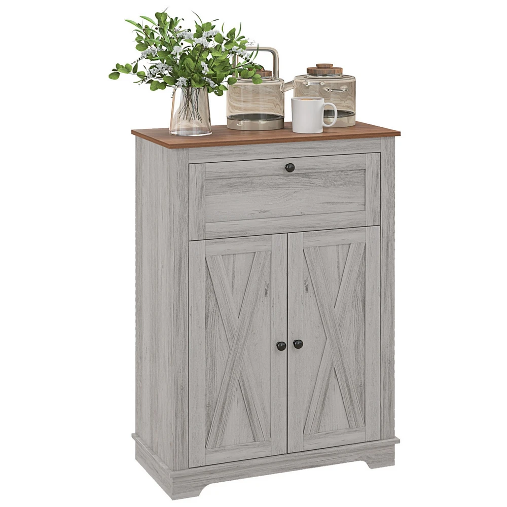 Farmhouse Barn Door Accent Cabinet, Kitchen Sideboard Storage Cabinet with Double Doors, Drawer, and Adjustable Shelf for Bedroom, Living Room, Light