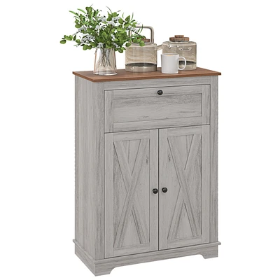 Farmhouse Barn Door Accent Cabinet, Kitchen Sideboard Storage Cabinet with Double Doors, Drawer, and Adjustable Shelf for Bedroom, Living Room, Light