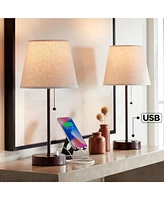 360 Lighting Justin Modern Accent Table Lamps 18 1/4" Tall Set of 2 with Usb Charging Ports Marbled Bronze Metal Oatmeal Drum Shade for Bedroom Living