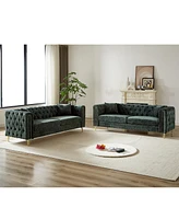 Chenille Pull Buckle Design Sofa for Living Room, Buttons Tufted With Copper Nail Decoration Armrest, Modern Couch Upholstered Button And Metal Legs