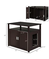 Wooden Cat Litter Box Enclosure Furniture with Adjustable Partition, Cat Washroom End Table with Open Shelf, Brown