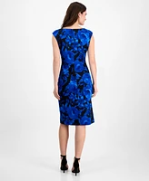 Connected Women's Printed Boat-Neck Cap-Sleeve Dress