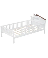 Twin Size Wood Platform Bed with House-shaped Headboard, Led and Built-in Storage, White
